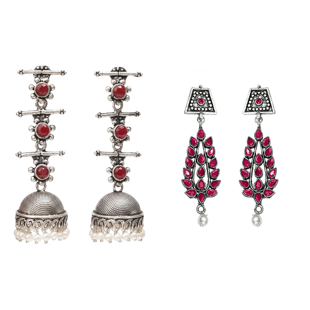Royal Triple Bell Layered Jhumka Earring (Dark Maroon) Precious Petal stone studded dangler earring (Red) Combo set