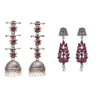 Royal Triple Bell Layered Jhumka Earring (Dark Maroon) Precious Petal stone studded dangler earring (Red) Combo set