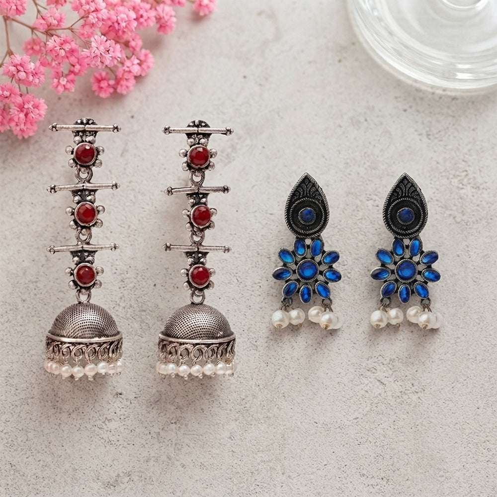 Royal Triple Bell Layered Jhumka Earring (Dark Maroon) Drew flower pearl stud earrings (Blue) Combo set