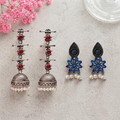 Royal Triple Bell Layered Jhumka Earring (Dark Maroon) Drew flower pearl stud earrings (Blue) Combo set
