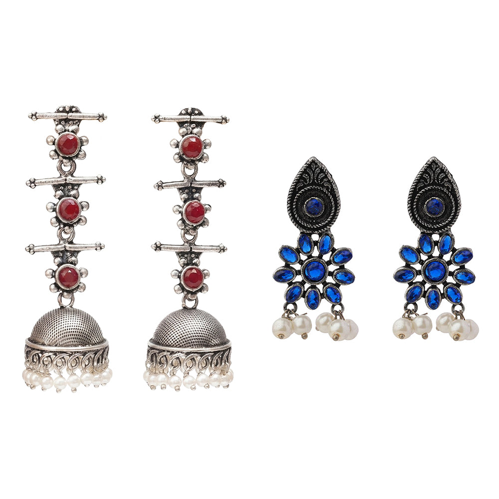 Royal Triple Bell Layered Jhumka Earring (Dark Maroon) Drew flower pearl stud earrings (Blue) Combo set