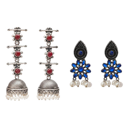 Royal Triple Bell Layered Jhumka Earring (Dark Maroon) Drew flower pearl stud earrings (Blue) Combo set