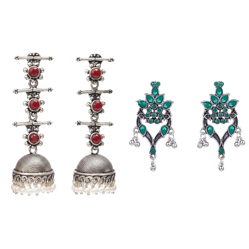 Royal Triple Bell Layered Jhumka Earring (Dark Maroon) Tint and Twinkle earrings (Green) Combo set