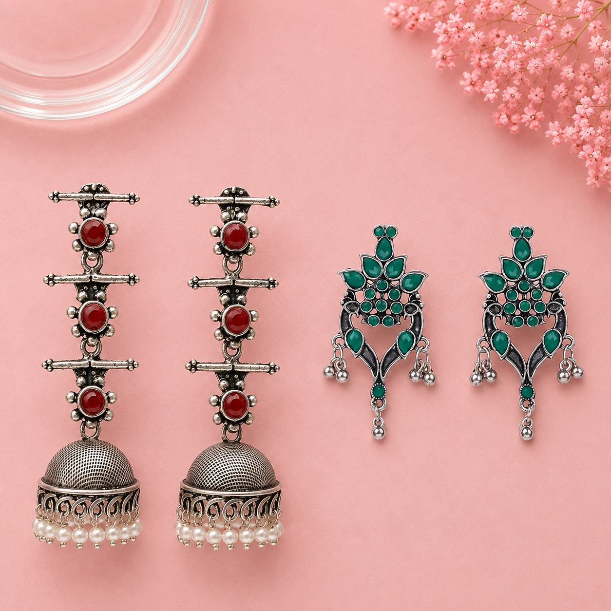Royal Triple Bell Layered Jhumka Earring (Dark Maroon) Tint and Twinkle earrings (Green) Combo set