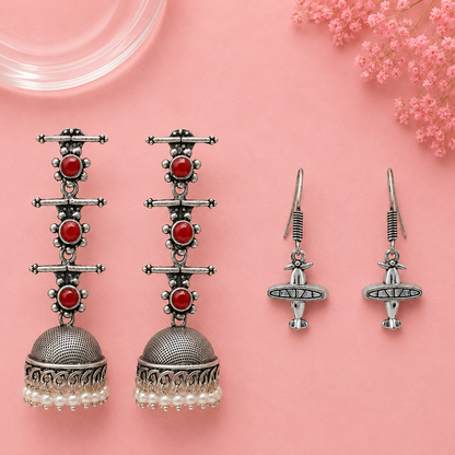 Royal Triple Bell Layered Jhumka Earring (Dark Maroon) Skyward Grace dangler earrings (Silver) Combo set