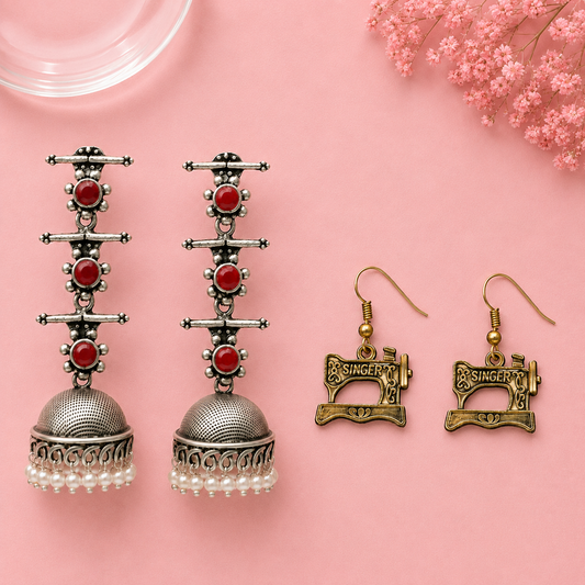 Royal Triple Bell Layered Jhumka Earring (Dark Maroon) Taylor dangler earrings Combo set