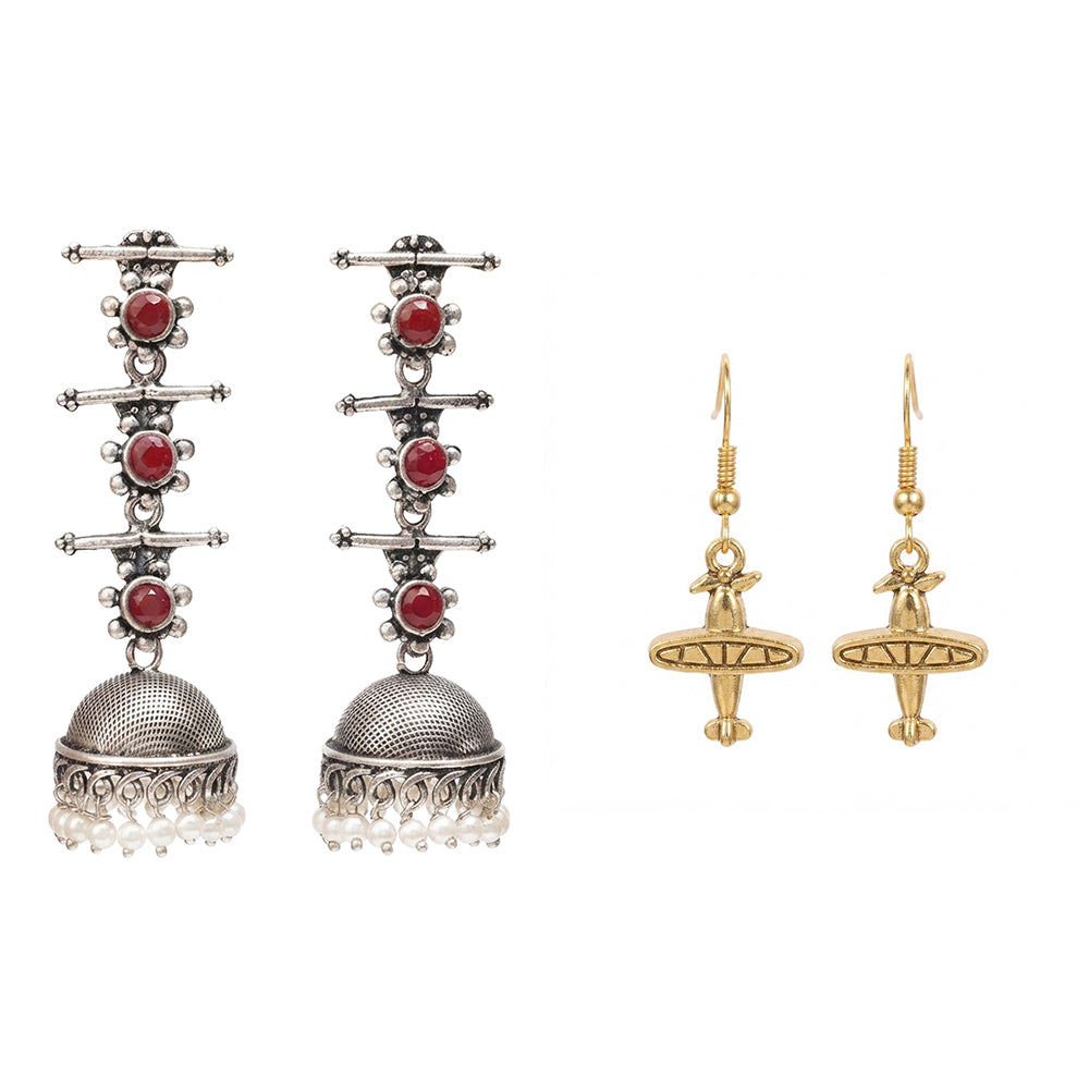 Royal Triple Bell Layered Jhumka Earring (Dark Maroon) Cloud nine dangler earrings Combo set