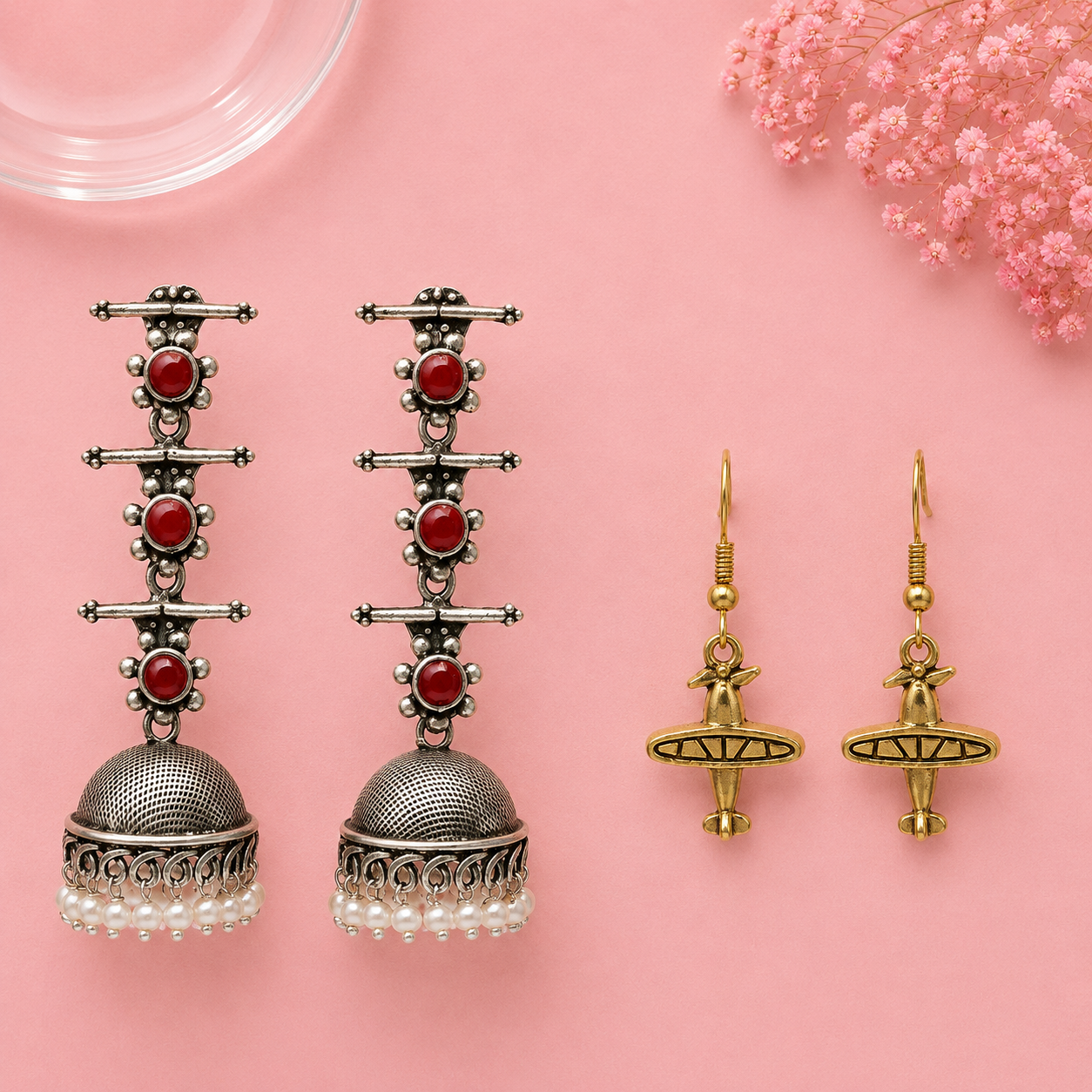 Royal Triple Bell Layered Jhumka Earring (Dark Maroon) Cloud nine dangler earrings Combo set