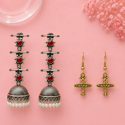 Royal Triple Bell Layered Jhumka Earring (Dark Maroon) Cloud nine dangler earrings Combo set