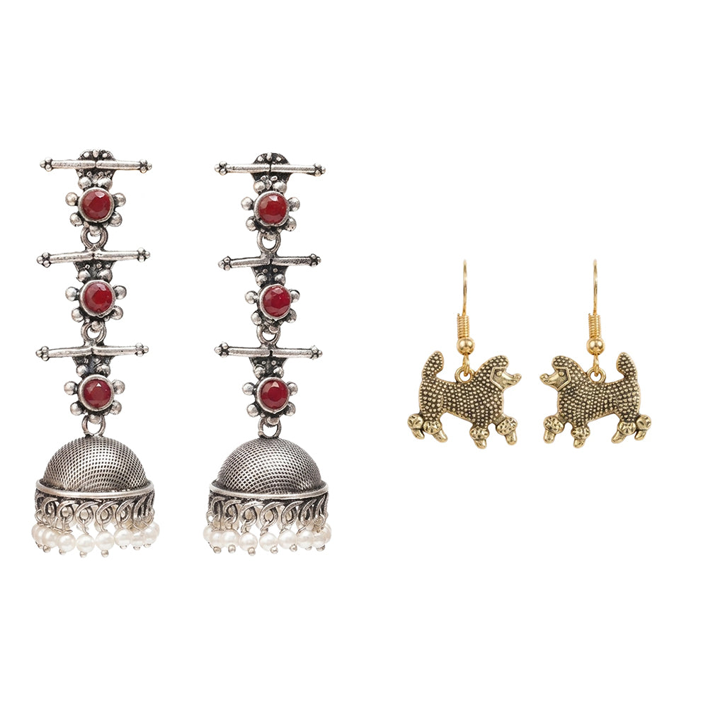 Royal Triple Bell Layered Jhumka Earring (Dark Maroon) Pawfect spark dangler earrinngs Combo set
