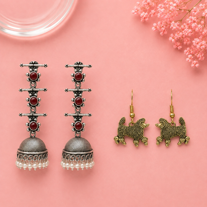 Royal Triple Bell Layered Jhumka Earring (Dark Maroon) Pawfect spark dangler earrinngs Combo set
