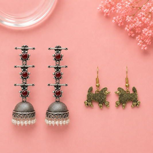 Royal Triple Bell Layered Jhumka Earring (Dark Maroon) Pawfect spark dangler earrinngs Combo set