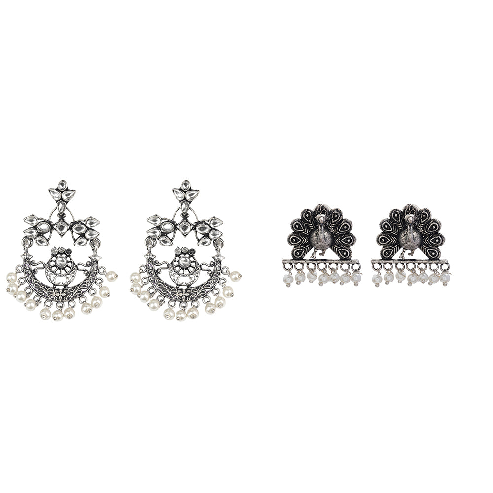 Carved Charm Dangler earrings (White) Meena Manjari stone stud earrings (Silver) Combo set