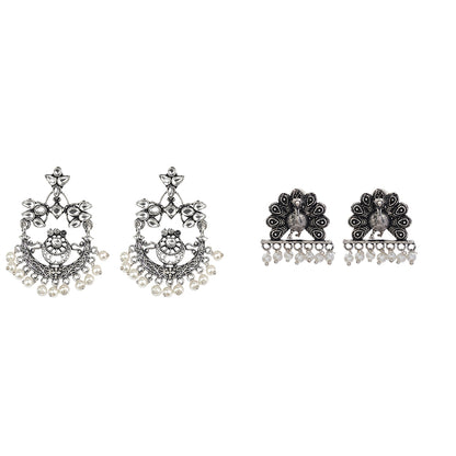 Carved Charm Dangler earrings (White) Meena Manjari stone stud earrings (Silver) Combo set