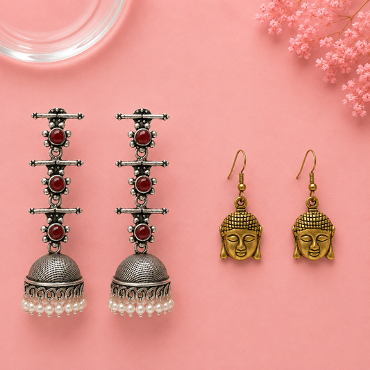Royal Triple Bell Layered Jhumka Earring (Dark Maroon) Devine aura dangler earrings Combo set