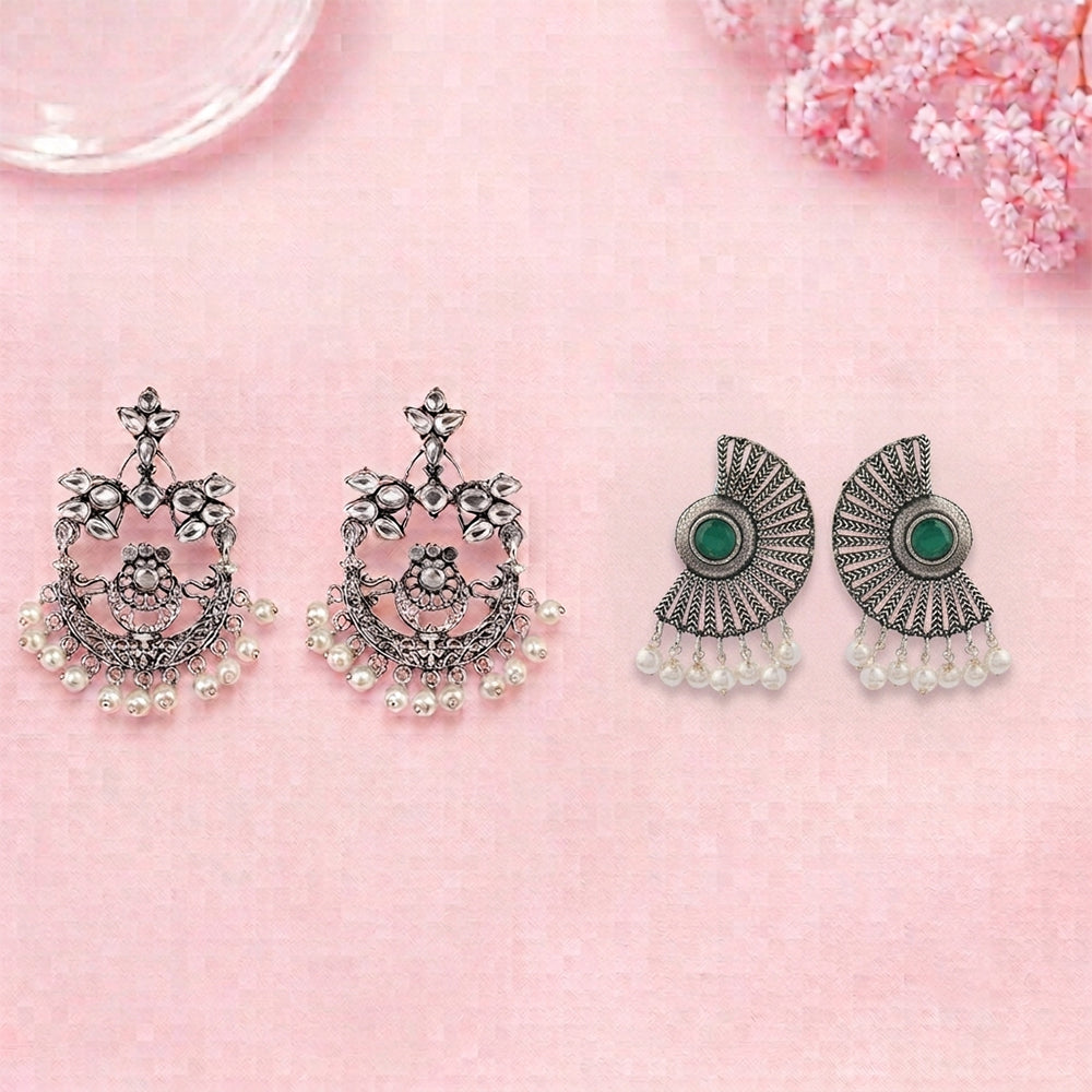 Carved Charm Dangler earrings (White) Bloom Arc pearl stud earring (Green) Combo set