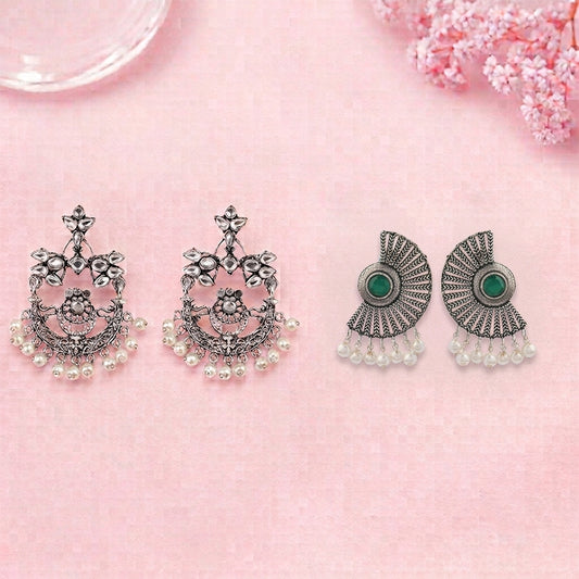 Carved Charm Dangler earrings (White) Bloom Arc pearl stud earring (Green) Combo set
