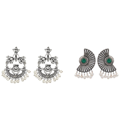 Carved Charm Dangler earrings (White) Bloom Arc pearl stud earring (Green) Combo set