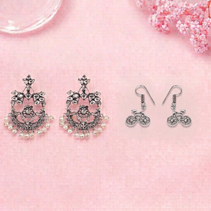 Carved Charm Dangler earrings (White) Cycle Charm Dangler earrings (Silver) Combo set