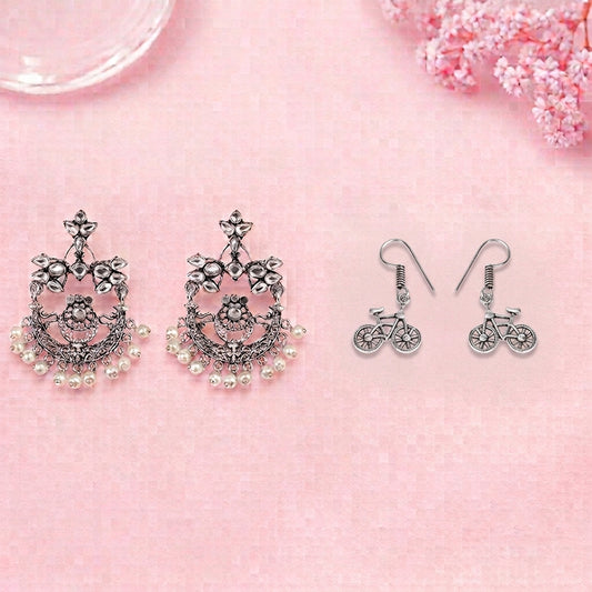 Carved Charm Dangler earrings (White) Cycle Charm Dangler earrings (Silver) Combo set
