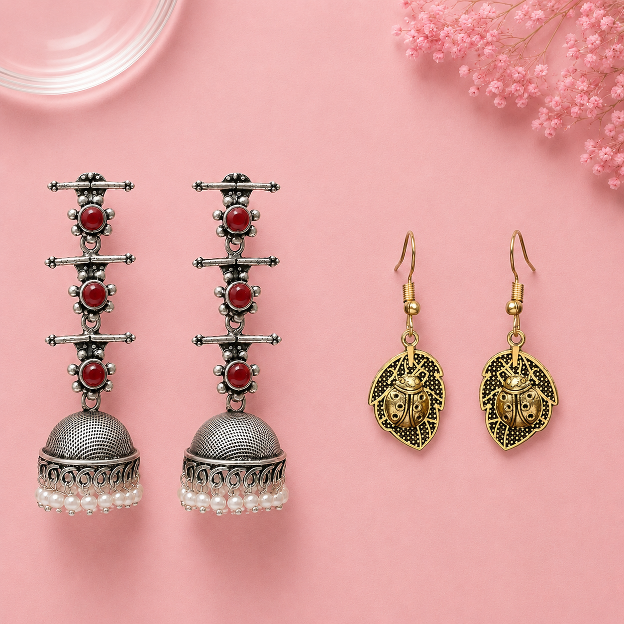 Royal Triple Bell Layered Jhumka Earring (Dark Maroon) Beetle bling dangler earrings Combo set