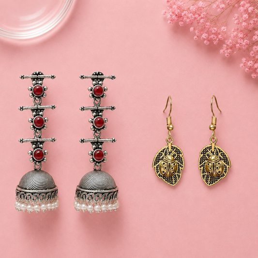 Royal Triple Bell Layered Jhumka Earring (Dark Maroon) Beetle bling dangler earrings Combo set
