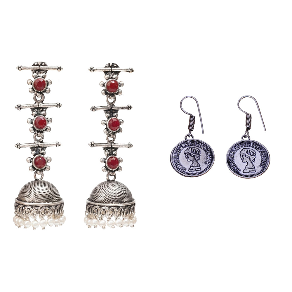 Royal Triple Bell Layered Jhumka Earring (Dark Maroon) Crown Jewel dangler earrings (Silver) Combo set