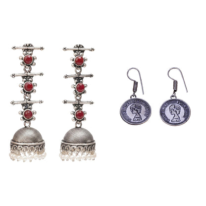 Royal Triple Bell Layered Jhumka Earring (Dark Maroon) Crown Jewel dangler earrings (Silver) Combo set