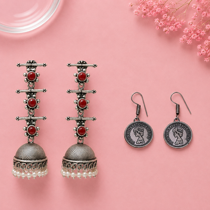 Royal Triple Bell Layered Jhumka Earring (Dark Maroon) Crown Jewel dangler earrings (Silver) Combo set