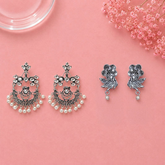 Carved Charm Dangler earrings (White) Bloom Arc pearl stud earring (Blue) Combo set