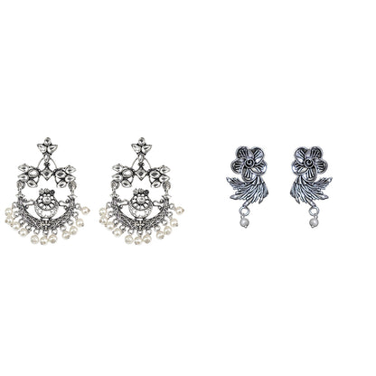 Carved Charm Dangler earrings (White) Bloom Arc pearl stud earring (Blue) Combo set