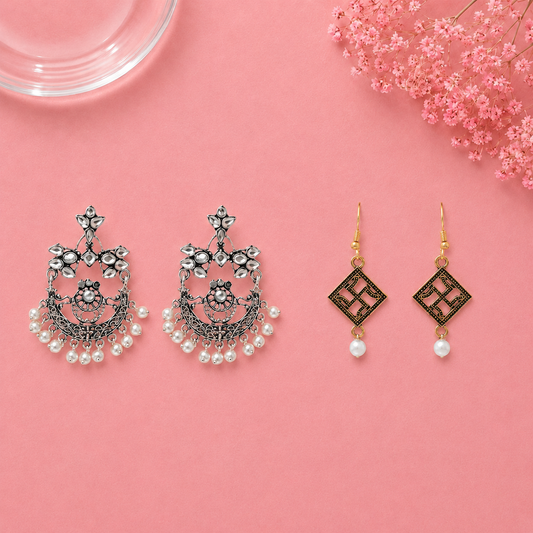 Carved Charm Dangler earrings (White) Floral Swirl stud earrings (Silver) Combo set