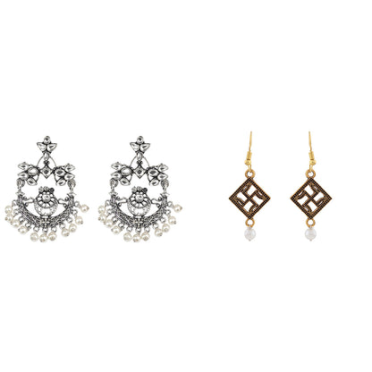 Carved Charm Dangler earrings (White) Floral Swirl stud earrings (Silver) Combo set
