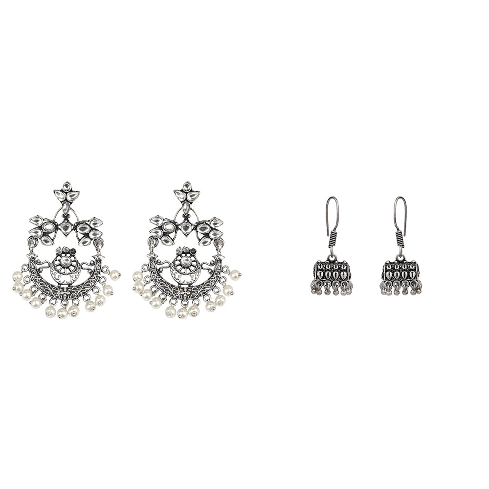 Carved Charm Dangler earrings (White) Tiny Twinkle jhumki earring (Silver) Combo set