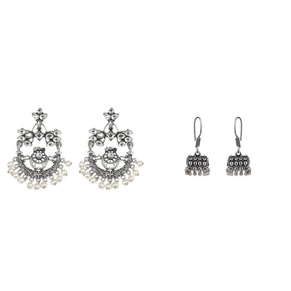 Carved Charm Dangler earrings (White) Tiny Twinkle jhumki earring (Silver) Combo set