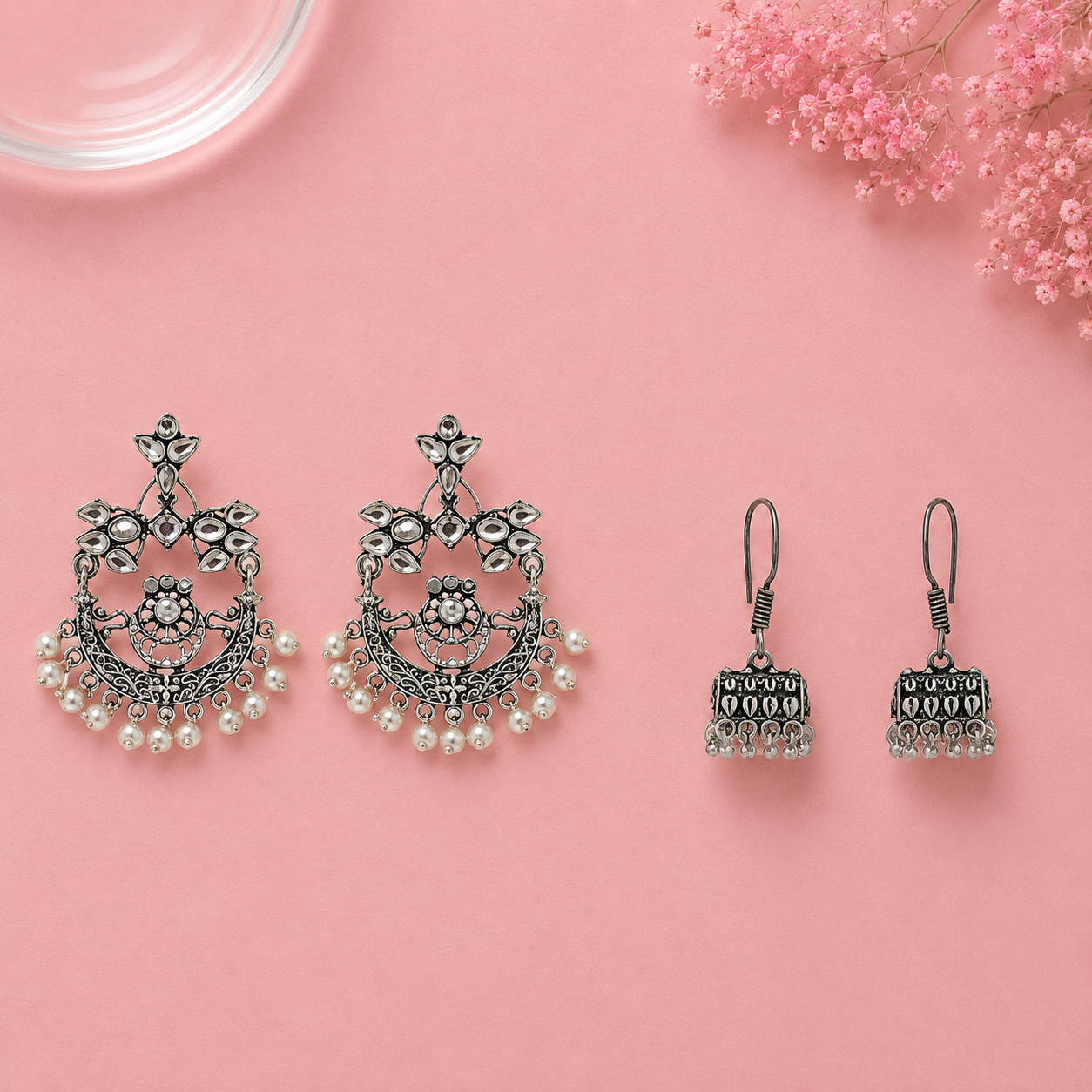 Carved Charm Dangler earrings (White) Tiny Twinkle jhumki earring (Silver) Combo set