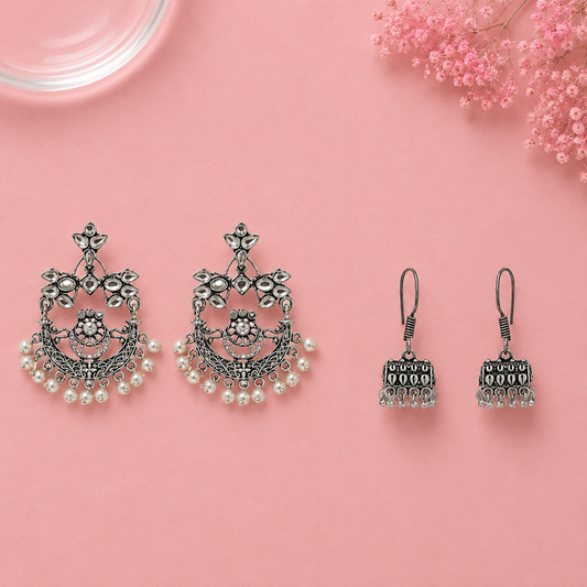 Carved Charm Dangler earrings (White) Tiny Twinkle jhumki earring (Silver) Combo set