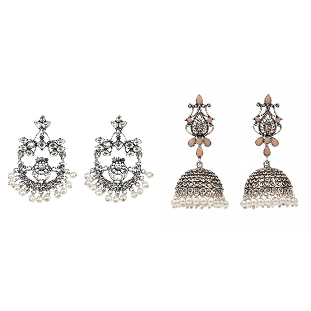 Carved Charm Dangler earrings (White) Kalash Kamal earring (Light Orange) Combo set