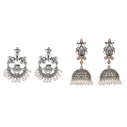Carved Charm Dangler earrings (White) Kalash Kamal earring (Light Orange) Combo set