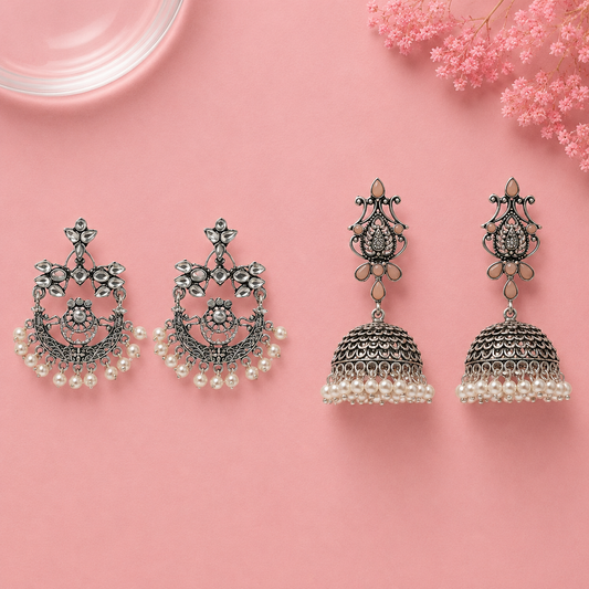 Carved Charm Dangler earrings (White) Kalash Kamal earring (Light Orange) Combo set