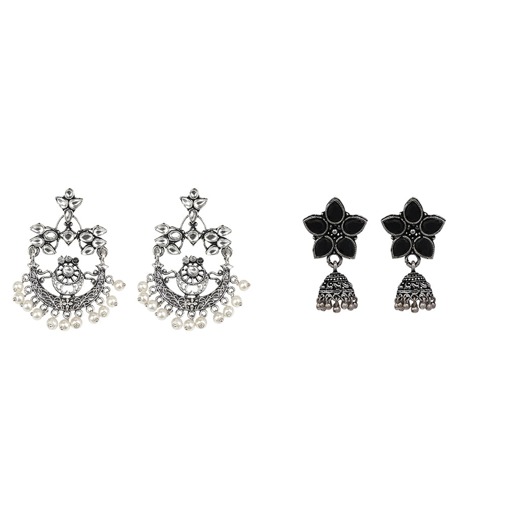 Carved Charm Dangler earrings (White) Beauty Bloom ghunghroo jhumki earring (Black) Combo set