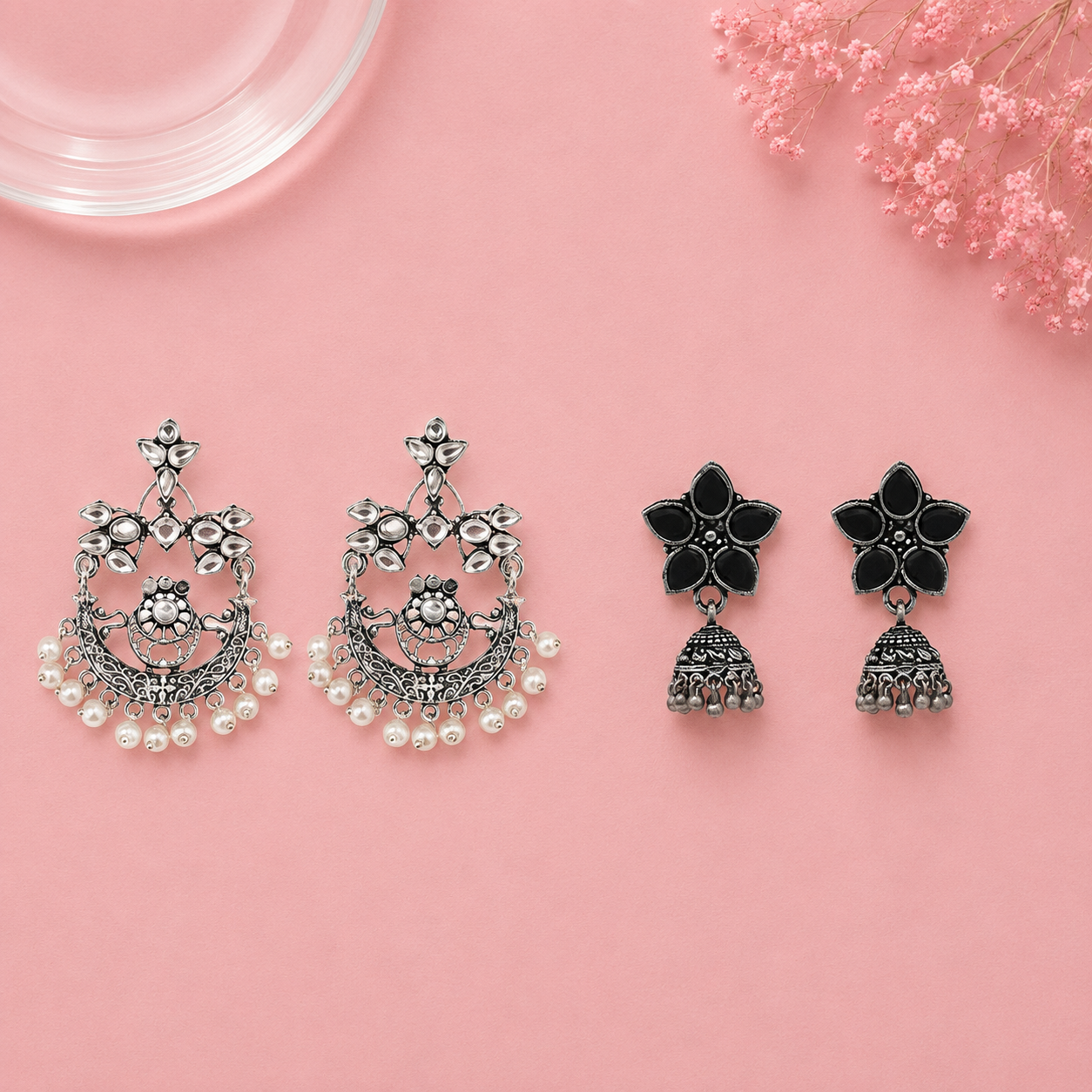 Carved Charm Dangler earrings (White) Beauty Bloom ghunghroo jhumki earring (Black) Combo set