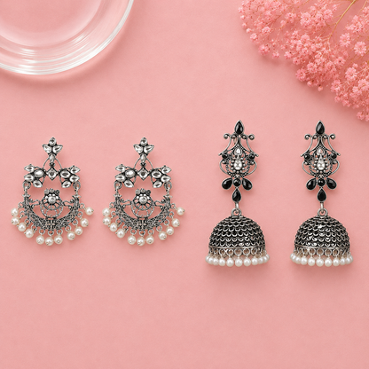 Carved Charm Dangler earrings (White) Kalash Kamal earring (Black) Combo set