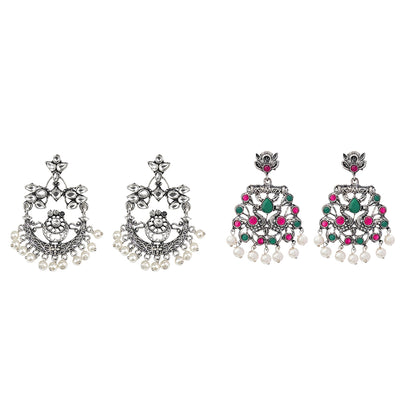 Carved Charm Dangler earrings (White) Peacock glow stone studded dangler earrings (Multicolored) Combo set