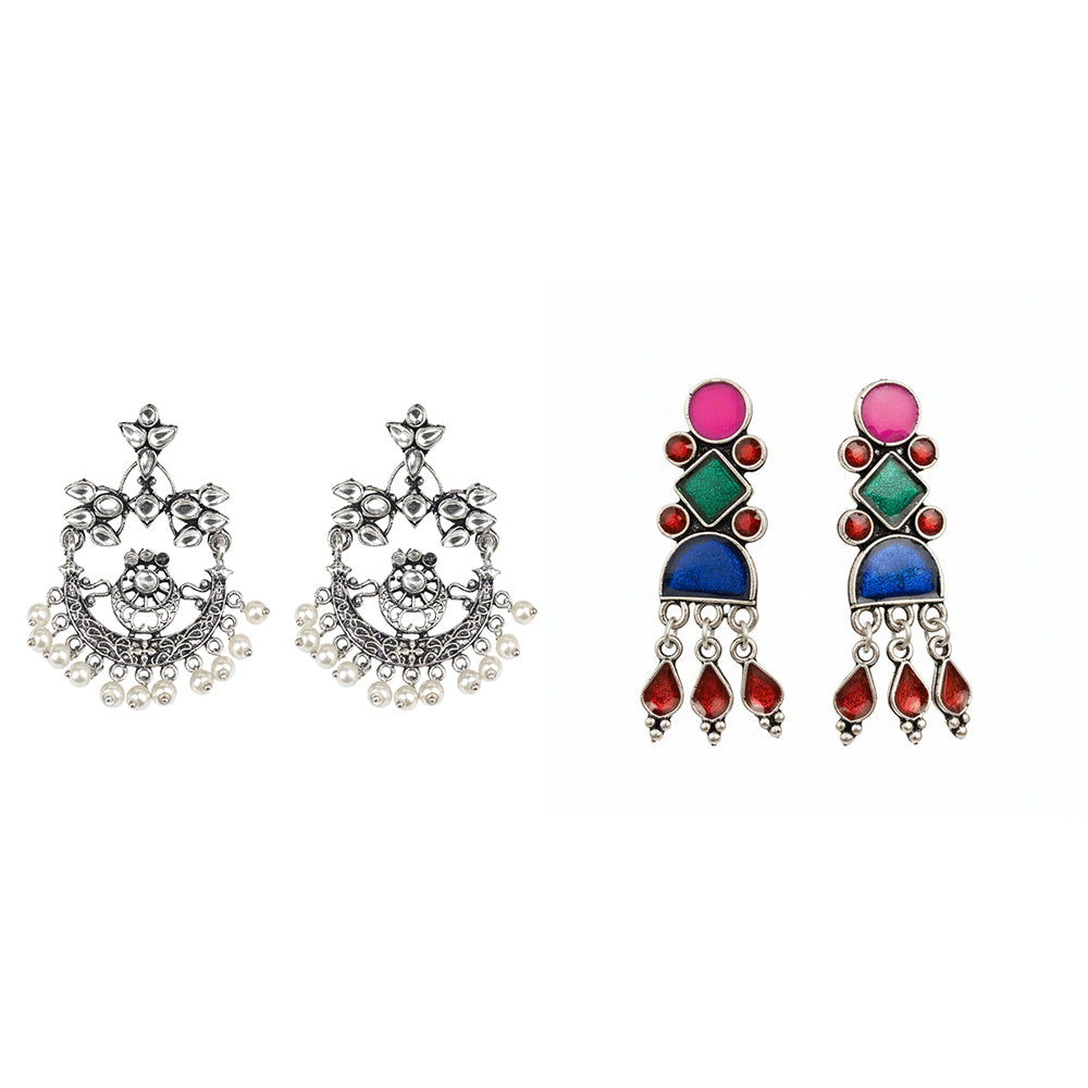 Carved Charm Dangler earrings (White) Rainbow rhine dangler earrings (Multicolored) Combo set