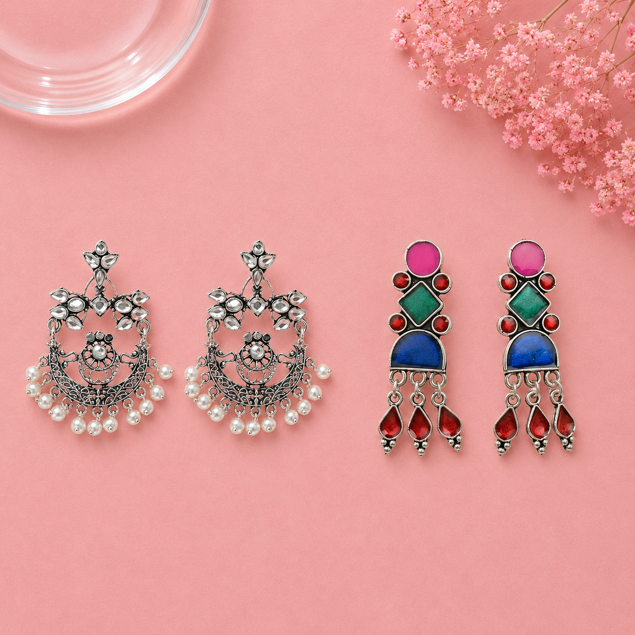Carved Charm Dangler earrings (White) Rainbow rhine dangler earrings (Multicolored) Combo set