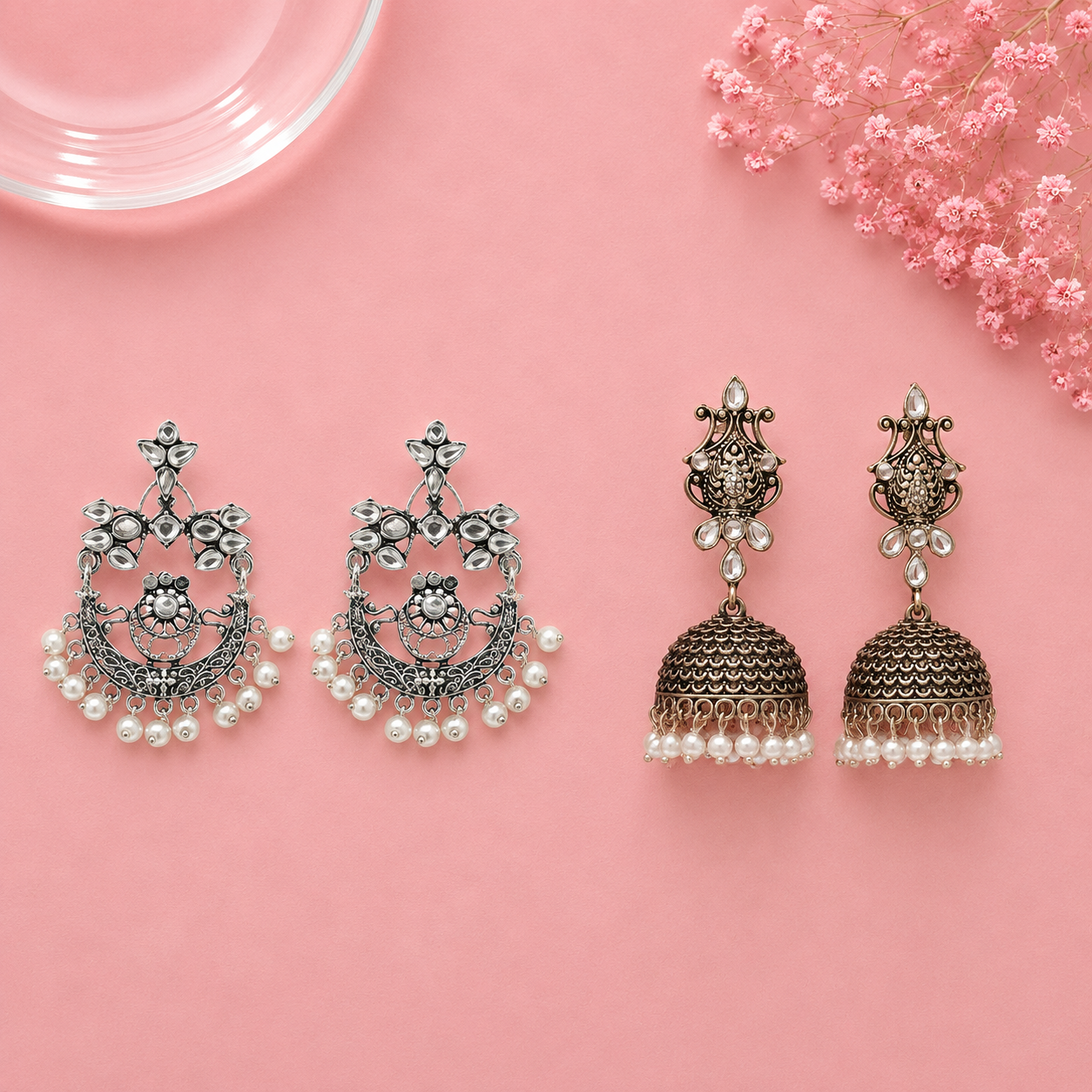 Carved Charm Dangler earrings (White) Kalash Kamal earring (White) Combo set