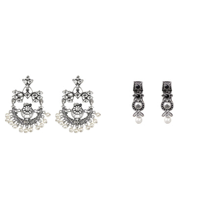 Carved Charm Dangler earrings (White) Wonderful wildflower oxidised stud earrings (Black) Combo set