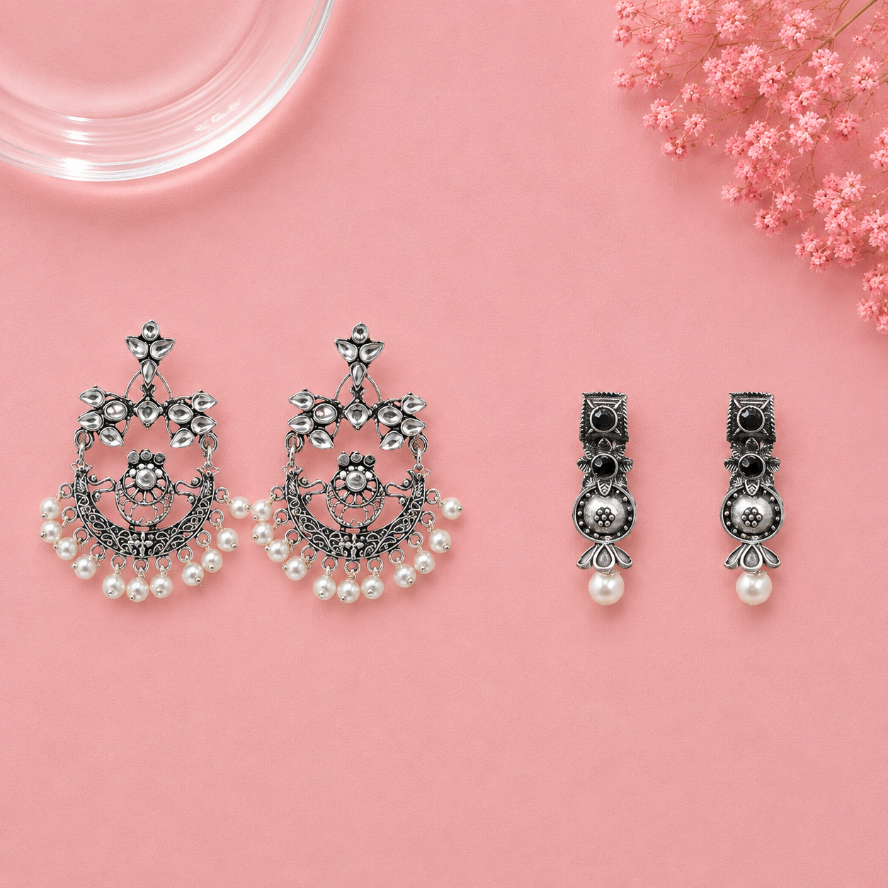 Carved Charm Dangler earrings (White) Wonderful wildflower oxidised stud earrings (Black) Combo set