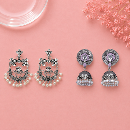 Carved Charm Dangler earrings (White) Evergreen earrings (Baby Pink) Combo set